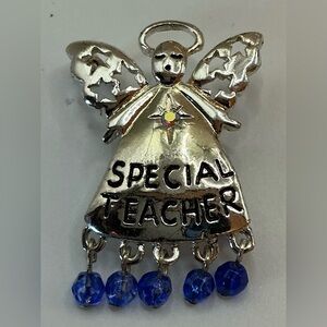 SILVERTONE BLUE BEAD SPECIAL TEACHER ANGEL BROOCH
